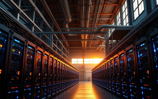 Interior of a Bitcoin mining facility with rows of ASIC miners, representing HUT 8 Mining Corp operations.
