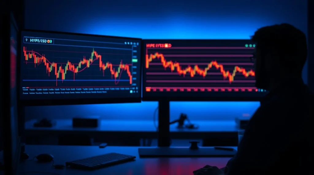Trader monitors HYPE price decline on multiple screens in a dimly lit office.