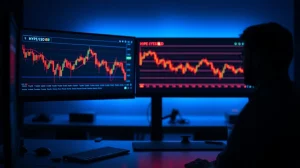 Trader monitors HYPE price decline on multiple screens in a dimly lit office.