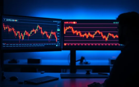 Trader monitors HYPE price decline on multiple screens in a dimly lit office.