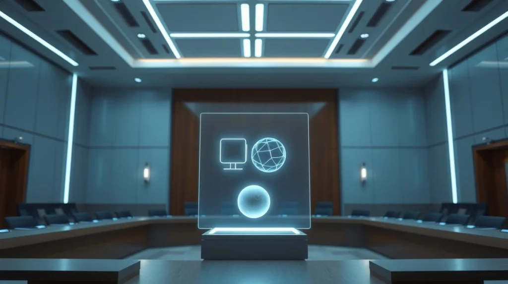 A holographic courtroom scene with two AI agents represented as geometric shapes in a modern, neutral setting.