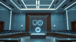 A holographic courtroom scene with two AI agents represented as geometric shapes in a modern, neutral setting.