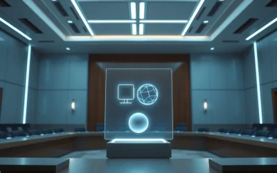 A holographic courtroom scene with two AI agents represented as geometric shapes in a modern, neutral setting.