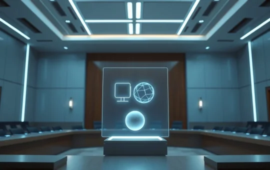 A holographic courtroom scene with two AI agents represented as geometric shapes in a modern, neutral setting.