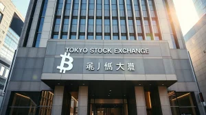 Tokyo Stock Exchange building with a subtle Bitcoin symbol reflection, representing Japan's planned Bitcoin ETF by 2028.