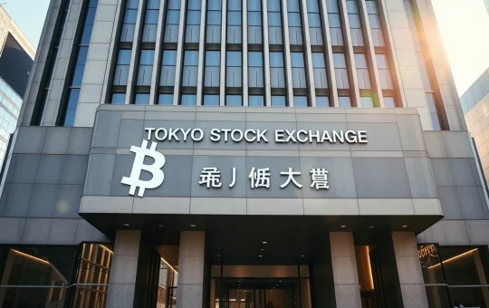 Tokyo Stock Exchange building with a subtle Bitcoin symbol reflection, representing Japan's planned Bitcoin ETF by 2028.