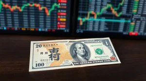 Japanese yen and US dollar banknotes on a table with a blurred financial chart in the background.