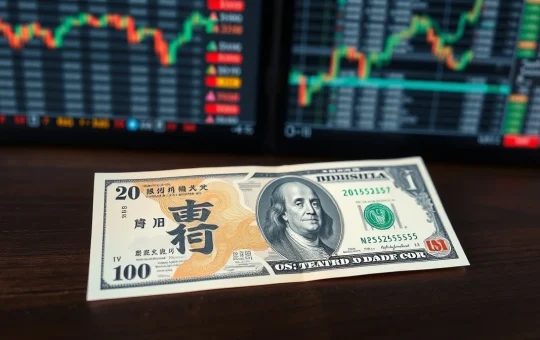 Japanese yen and US dollar banknotes on a table with a blurred financial chart in the background.
