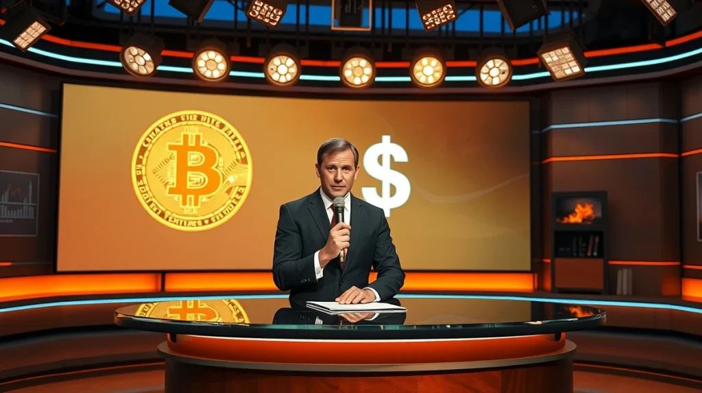 John Oliver on a late-night show set, speaking critically about cryptocurrency.