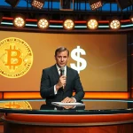 John Oliver on a late-night show set, speaking critically about cryptocurrency.