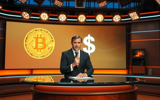 John Oliver on a late-night show set, speaking critically about cryptocurrency.