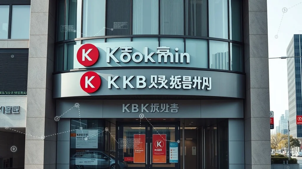 Exterior of a KB Kookmin Bank branch in Seoul with digital blockchain overlay representing cross-border payment technology.