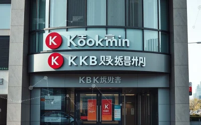 Exterior of a KB Kookmin Bank branch in Seoul with digital blockchain overlay representing cross-border payment technology.