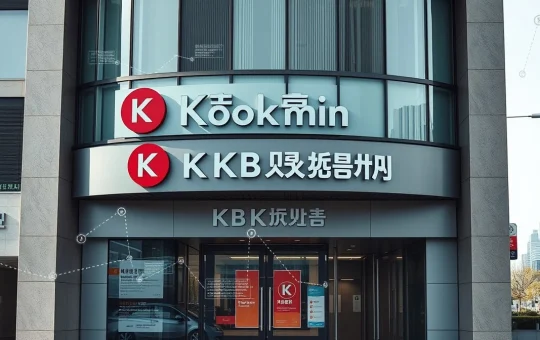 Exterior of a KB Kookmin Bank branch in Seoul with digital blockchain overlay representing cross-border payment technology.