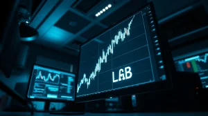 Candlestick chart showing a sharp price spike for the LAB token on a trading monitor.