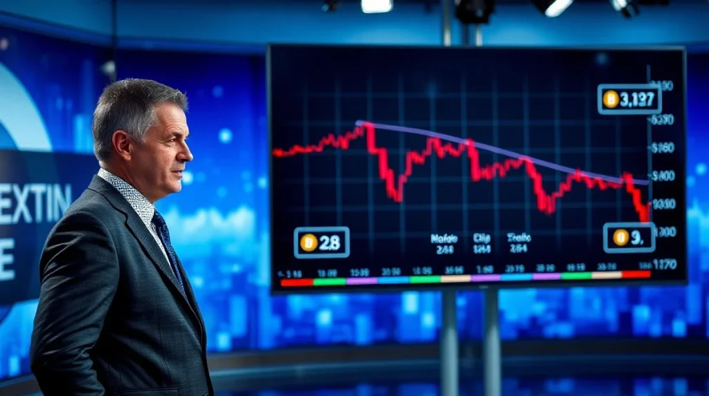 Crypto influencer Lark Davis standing in front of a digital screen displaying cryptocurrency charts with warning indicators