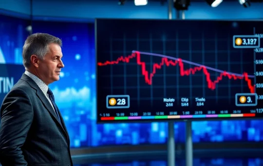 Crypto influencer Lark Davis standing in front of a digital screen displaying cryptocurrency charts with warning indicators