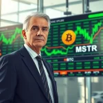 Financial analyst Lawrence Lepard standing in front of a stock market display showing Bitcoin and MSTR tickers.