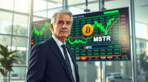 Financial analyst Lawrence Lepard standing in front of a stock market display showing Bitcoin and MSTR tickers.