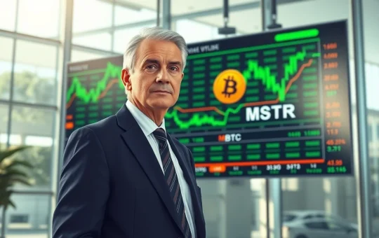 Financial analyst Lawrence Lepard standing in front of a stock market display showing Bitcoin and MSTR tickers.