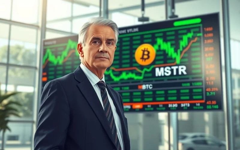 Financial analyst Lawrence Lepard standing in front of a stock market display showing Bitcoin and MSTR tickers.