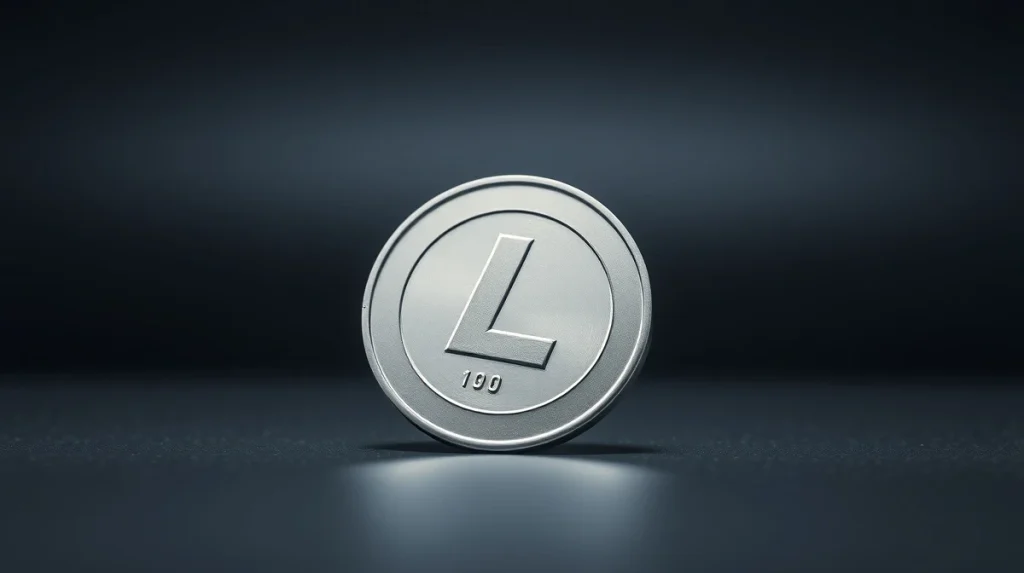 Litecoin coin on a dark surface with a downward angle and moody lighting suggesting a price decline warning