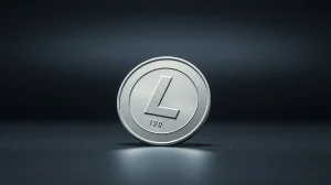 Litecoin coin on a dark surface with a downward angle and moody lighting suggesting a price decline warning