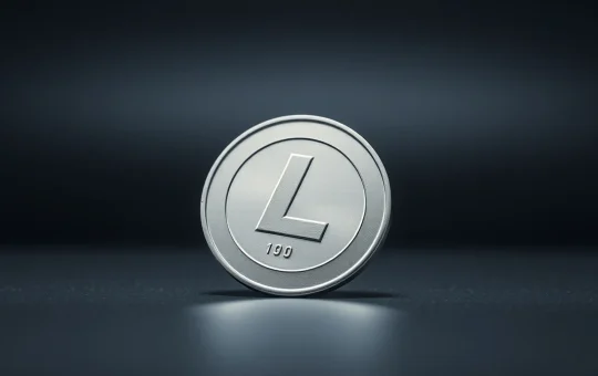 Litecoin coin on a dark surface with a downward angle and moody lighting suggesting a price decline warning