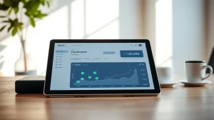 DeFi dashboard on a tablet showing Solana network data and an upward price chart in a modern office setting.