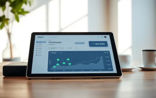 DeFi dashboard on a tablet showing Solana network data and an upward price chart in a modern office setting.