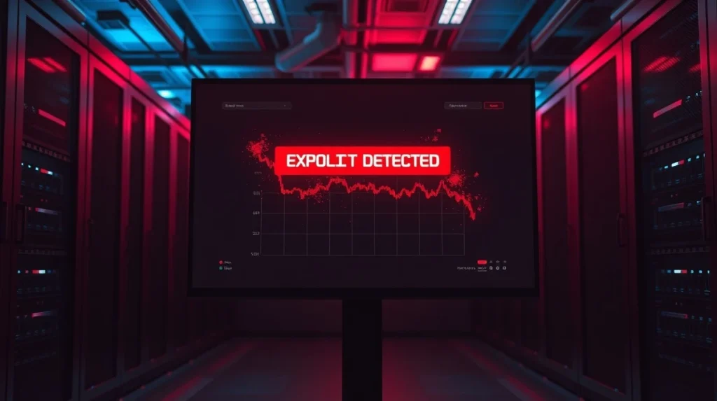 Digital dashboard showing an exploit warning alert and declining financial chart in a server room.