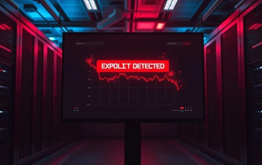Digital dashboard showing an exploit warning alert and declining financial chart in a server room.