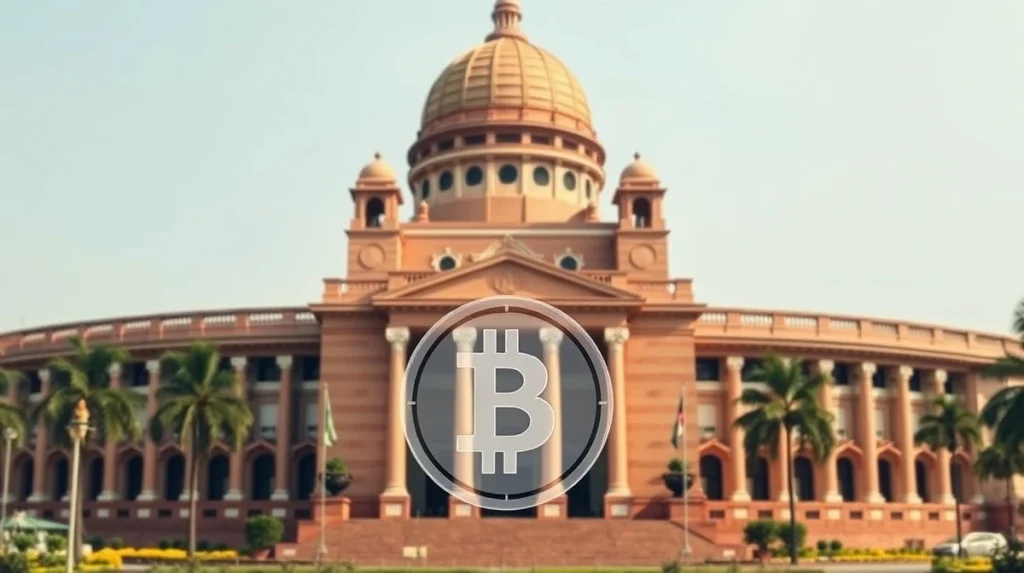 Maharashtra state legislature building with digital cryptocurrency symbols overlay