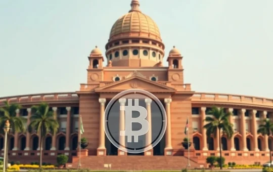 Maharashtra state legislature building with digital cryptocurrency symbols overlay