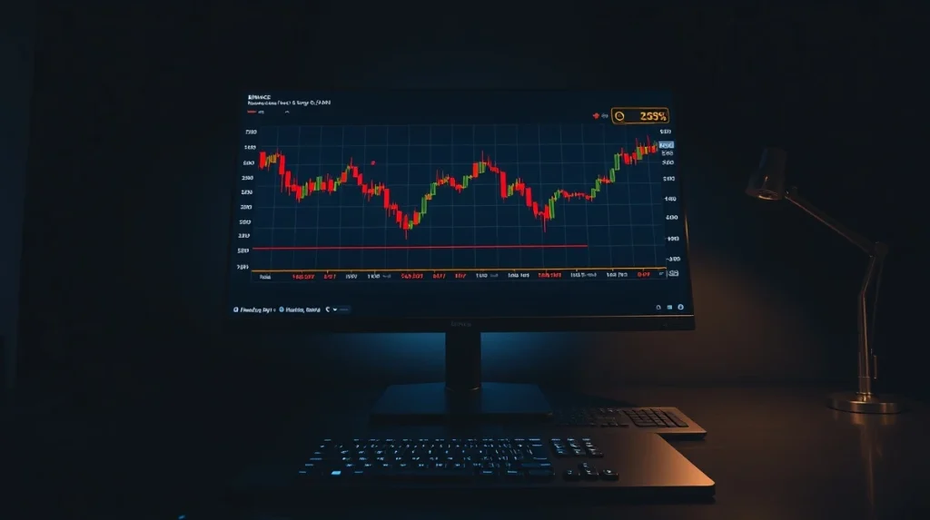Trading screen showing a downward memecoin chart with red indicators on a dark desk