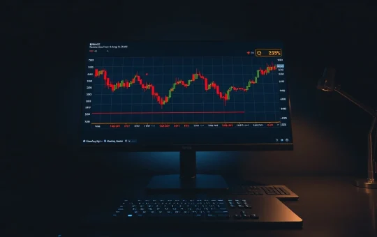 Trading screen showing a downward memecoin chart with red indicators on a dark desk