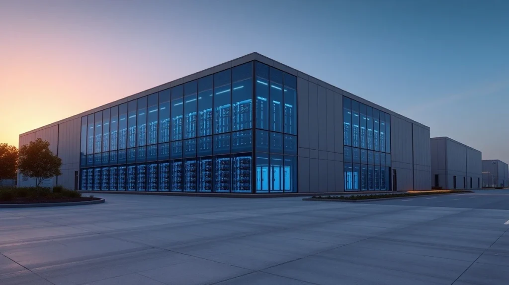 Exterior view of a modern AI data center in Japan at dusk, with blue-lit server rooms visible through glass.