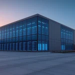 Exterior view of a modern AI data center in Japan at dusk, with blue-lit server rooms visible through glass.