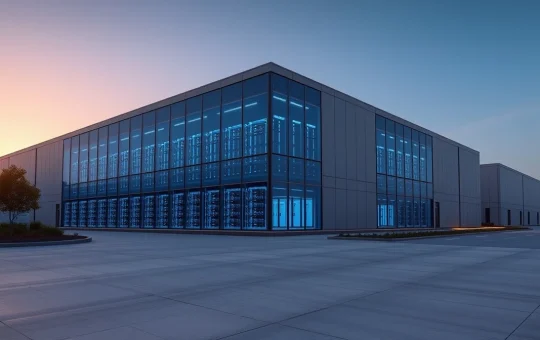 Exterior view of a modern AI data center in Japan at dusk, with blue-lit server rooms visible through glass.