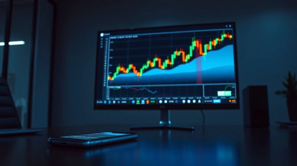 A digital trading interface showing stock charts on a monitor and smartphone in a professional office setting.