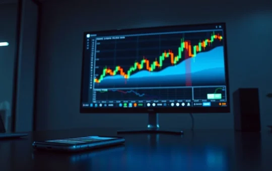 A digital trading interface showing stock charts on a monitor and smartphone in a professional office setting.