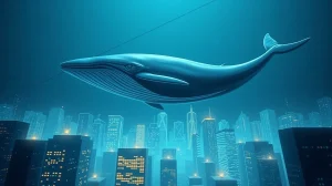 Digital whale swimming above blockchain cityscape representing Morpho whale activity and on-chain data.