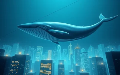 Digital whale swimming above blockchain cityscape representing Morpho whale activity and on-chain data.