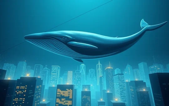 Digital whale swimming above blockchain cityscape representing Morpho whale activity and on-chain data.