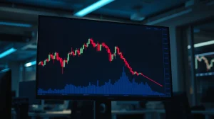 Downward trending cryptocurrency price chart on a monitor in a dimly lit office