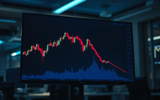 Downward trending cryptocurrency price chart on a monitor in a dimly lit office