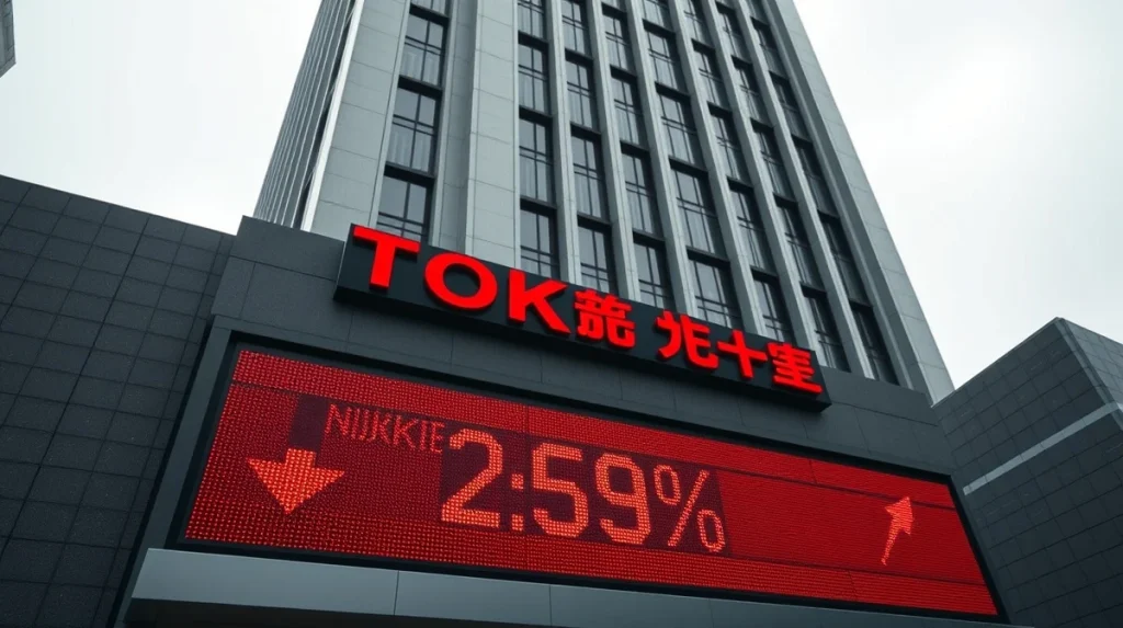 Nikkei 225 index display showing red numbers at the Tokyo Stock Exchange during a market selloff.