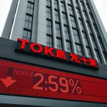Nikkei 225 index display showing red numbers at the Tokyo Stock Exchange during a market selloff.