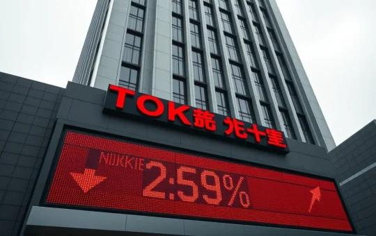 Nikkei 225 index display showing red numbers at the Tokyo Stock Exchange during a market selloff.