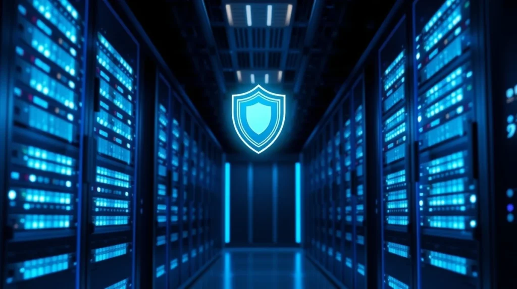 NVIDIA data center with holographic shield symbol representing AI Defense Alliance